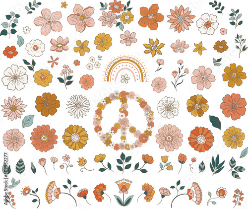 Retro hand drawn outline flowers clipart, vintage groovy 70s illustration composition isolated on white background