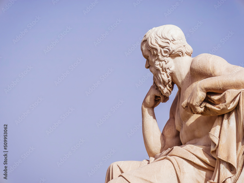 Socrates' marble statue, the famous ancient Greek philosopher, in a thoughtful representation. Athens, Greece. Space for your text or logo on the sky background. - obrazy, fototapety, plakaty 