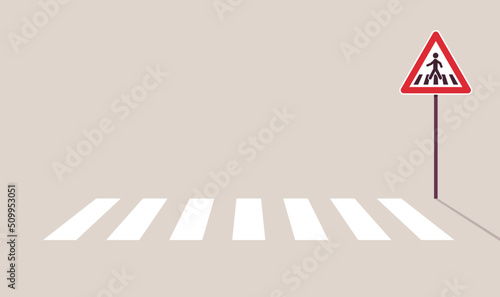 Traffic signs on city road and crosswalk concept flat vector illustration. 