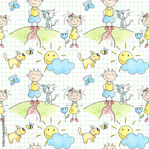 Wallpaper Mural Happy children in summer. Funny little children play, run and jump. Color seamless pattern in children's doodle style. Hand drawn illustration isolated on white background. Torontodigital.ca