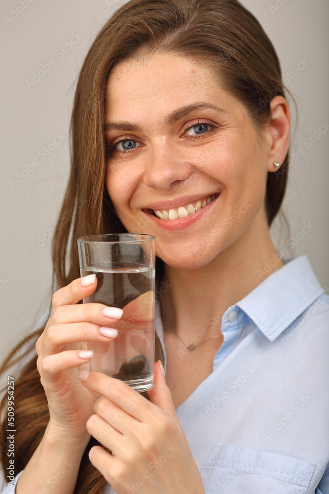 Woman face with water glass close up isolated portrait. Woman face with water glass close up isolated portrait.