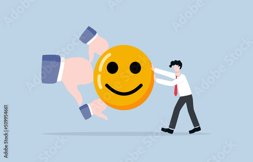 Handling with negative feedback, review, or comment, having positive attitude or optimism for customer contact, emotional intelligence concept. Businessman pushing smiley face to cope thumb down signs