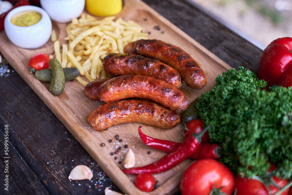 Tasty freshly grilled Sausages served with French fries and sauce on wooden board Tasty freshly grilled Sausages served with French fries and sauce on wooden board