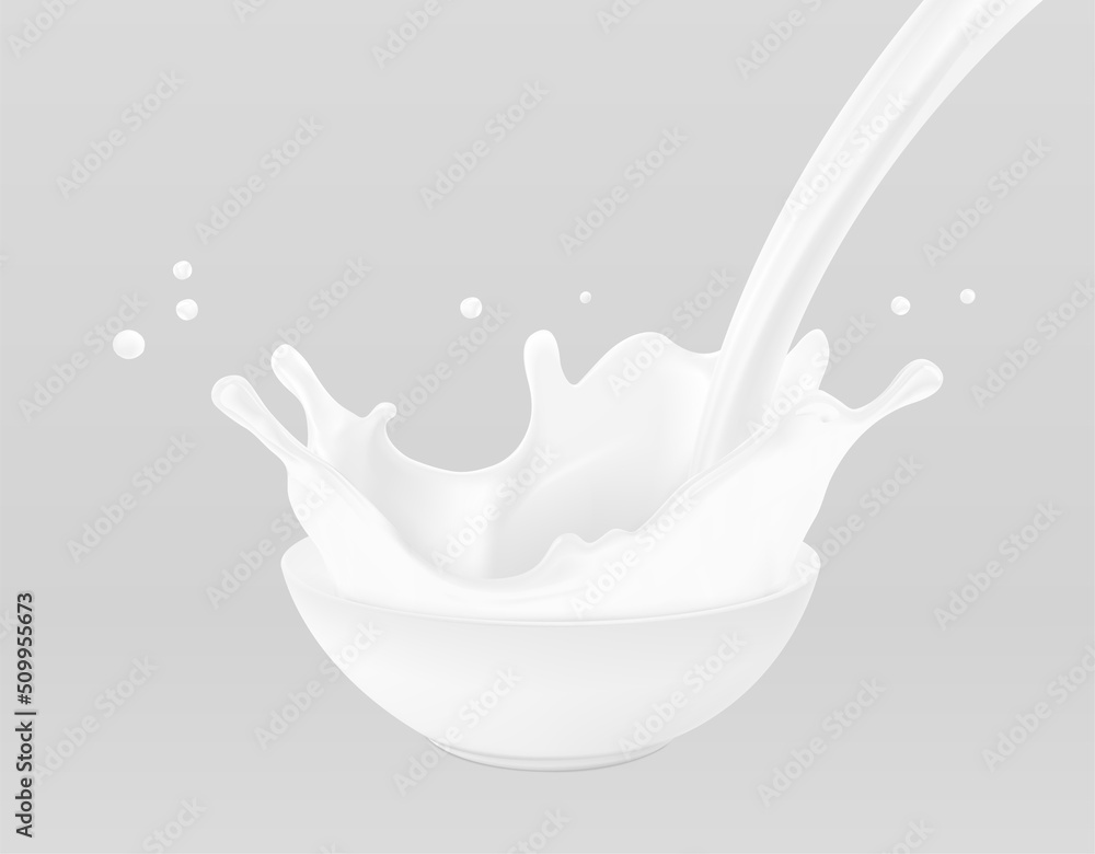 Bowl with milk splashes and drops isolated on grey background. Vector illustration. Can be use for your design. EPS10. Bowl with milk splashes and drops isolated on grey background. Vector illustration. Can be use for your design. EPS10.