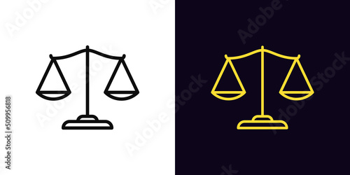 Photo Outline justice scales icon, with editable stroke