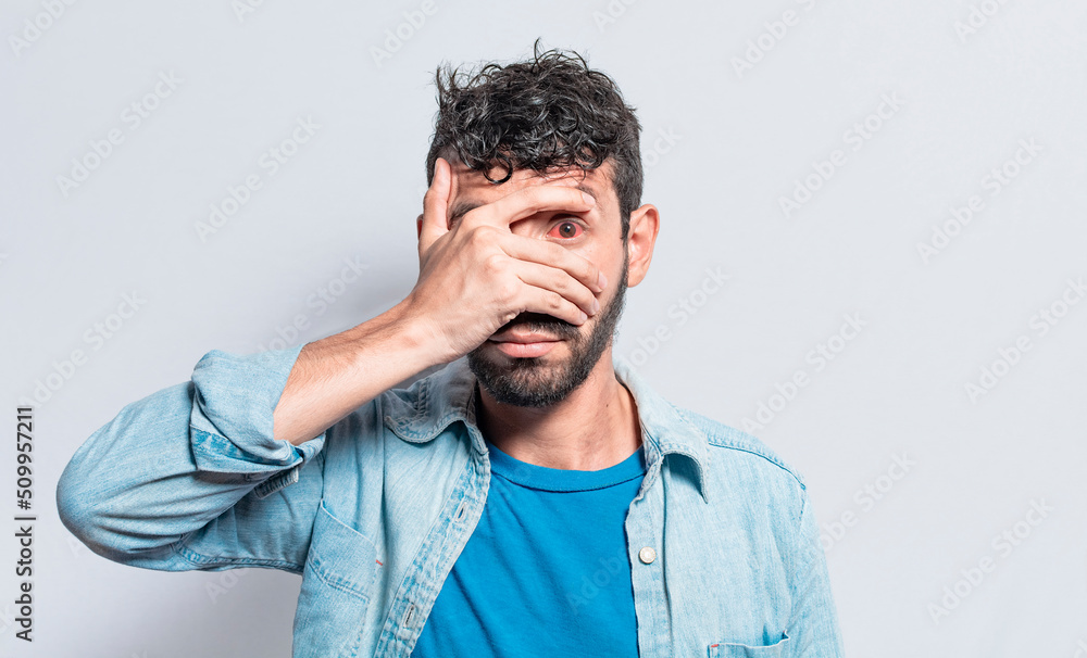 Person with irritated eyes. People with eye pain on isolated background