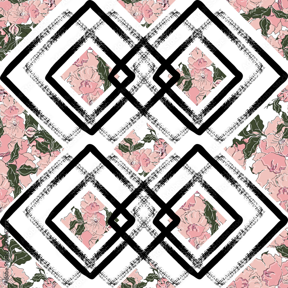 Fototapeta premium flowers on aged shabby paint grunge geometric ornament seamless pattern