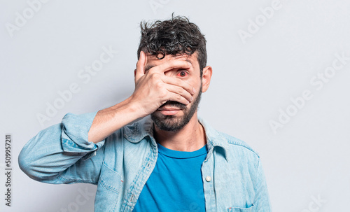 Person with irritated eyes. People with eye pain on isolated background, Person with conjunctivitis on isolated background, Close up of people with eye strain, man with irritated eye