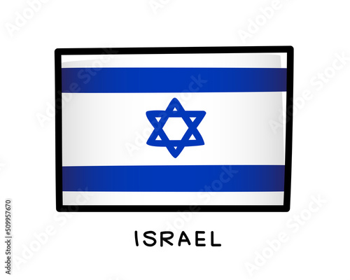 Flag of Israel. Colorful Israeli flag logo. Blue and white brush strokes, hand drawn. Black outline. Vector illustration