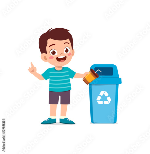 little kid throw trash to trash bin