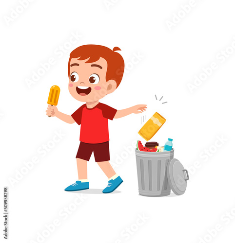 little kid throw trash to trash bin