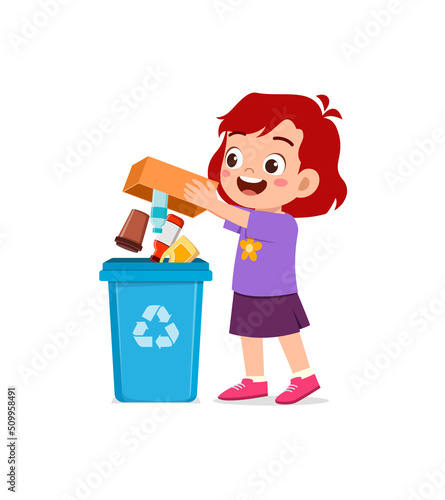 little kid throw trash to trash bin