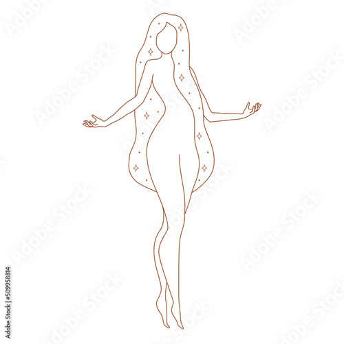 Logo in minimalistic linear style with beautiful esoteric female silhouette. For hairdressers, beauty salons, organic cosmetics, spas, prints, jewelry store.