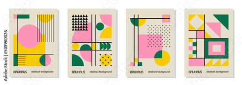 Set of 4 minimal vintage 20s geometric design posters, wall art, template, layout with primitive shapes elements. Bauhaus retro pattern background, vector abstract circle, triangle and square line art