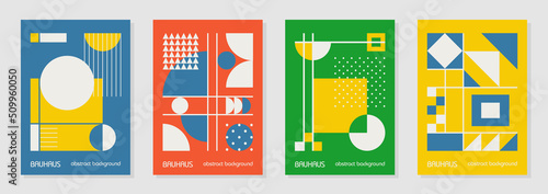 Set of 4 minimal vintage 20s geometric design posters, wall art, template, layout with primitive shapes elements. Bauhaus retro pattern background, vector abstract circle, triangle and square line art