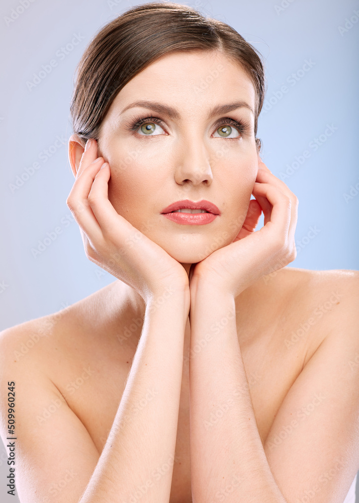 Close up face beauty portrait of woman with natural skin touching her face with hands. Girl looking away. Close up face beauty portrait of woman with natural skin touching her face with hands. Girl looking away.