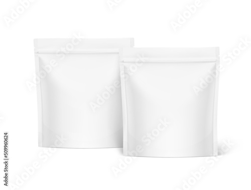 Food pouch bags mockup isolated on white background. Vector illustration. Front view. Can be use for template your design, presentation, promo, ad. EPS10.	
