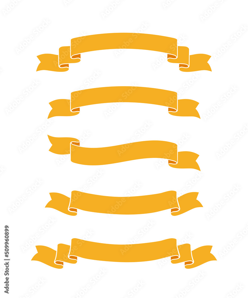 Gold ribbons with curved edges set. Decorative festive yellow banners vector collettion isolated on white background.