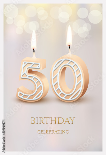 Happy birthday greeting card with 50 number candles vector illustration. 3d candlelight in poster design for anniversary party celebration, cute fifty invitation template candles for sweet cake.