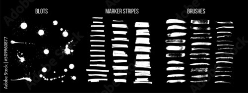 White ink brush strokes vector set. Freehand dry brush lines, marker stripes and dirty blots. Grunge style brushes isolated on black background.