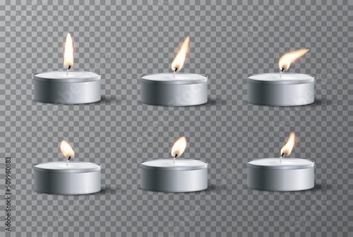 Set of realistic tea candles with different flames isolated on transparent background. Vector design elements.