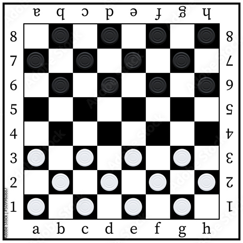 Checker board, top view of 3d black white round chips, table with checkerboard pattern
