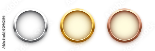 Award golden, silver and bronze blank medals 3d realistic illustration. First, second and third place medals or buttons isolated on white background. Certified. Quality blank, empty badge, emblem set.