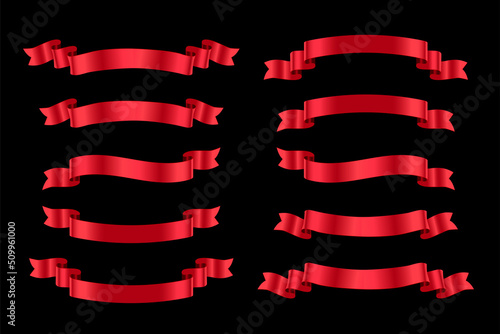 Red luxury ribbons set. Vector design elements isolated on black background.