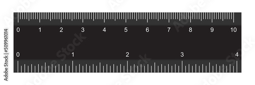Double sided black ruler with scales to measure length, size in centimeters and inches