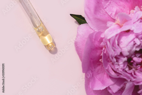pipette with face serum with a peony flower on a pastel pink backround