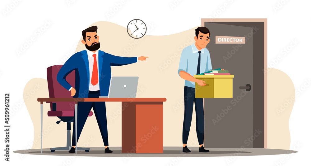 Unemployment concept with angry boss dismisses employee. Director points fired manager at door, sad man leaves office cabinet. Jobless troubles, work crisis, job reduction. Vector illustration