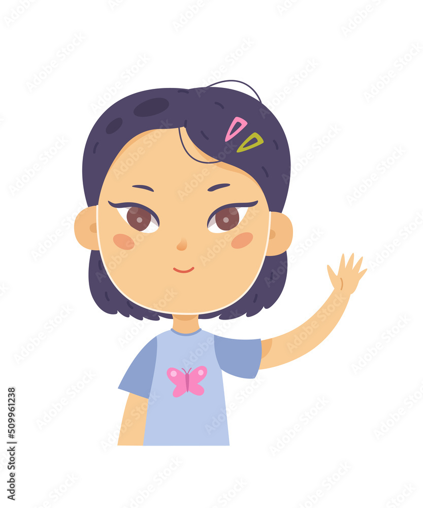 Kid with hand up vector illustration. Cartoon cute girl waving for friends, standing and giving 5, little student of primary school raising arm, answering for teacher isolated on white Kid with hand up vector illustration. Cartoon cute girl waving for friends, standing and giving 5, little student of primary school raising arm, answering for teacher isolated on white