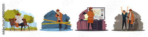 Spy doing crime investigation set. Sleuth searching man and evidence. Police detective work vector illustration. Inspector looking at muder scene, following with newspaper, catching, planning.