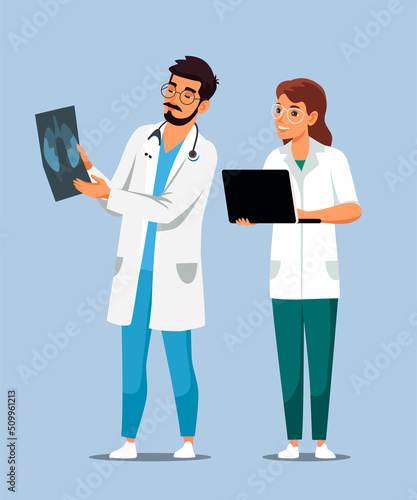 Doctor and nurse study and discuss x-ray patient lung image. Man pulmonologist and woman therapist assistant examine fluorography result, disease determination. Medicine and pulmonological care