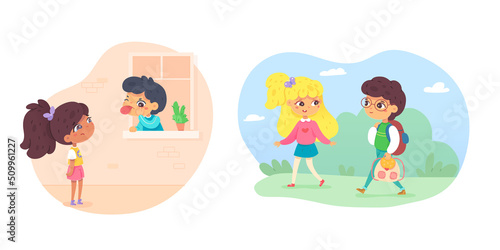 Good and bad manners of boys set, schoolboy teasing crying girl, helping to carry bag