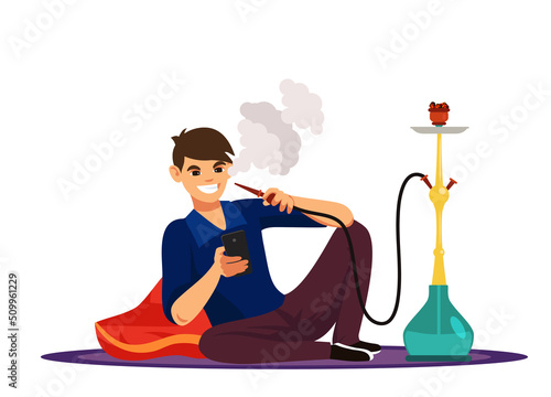Man smoke hookah pipe, exhale thick white smoke, sitting on floor, using smartphone. Young guy relax and spend time in shisha bar. Vector concept of lounge club, traditional oriental leisure