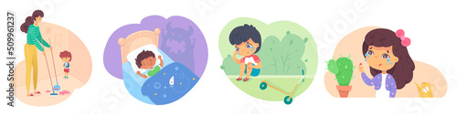 Kids having accidents and making mistakes. Boy broke vase, kid sees monster sleeping in bed, child fell from scooter, knee hurts, girl touched cactus. Sad children vector illustration.