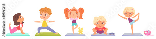 Yoga poses of children set, cute boy and girl stretching and meditating, sport activity