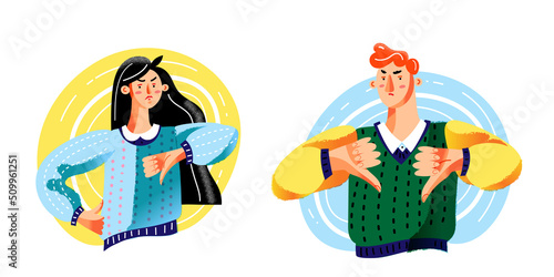 People with thumbs down set, angry man and woman showing negative emotion of negation