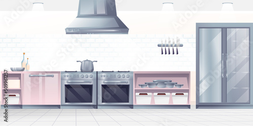 Restaurant kitchen interior design background. Professional place for cooking food with stove, oven, counters, fridge vector illustration. Horizontal panorama of culinary room