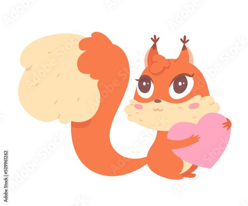 Cute squirrel character with long furry tail holding romantic pink heart, love symbol