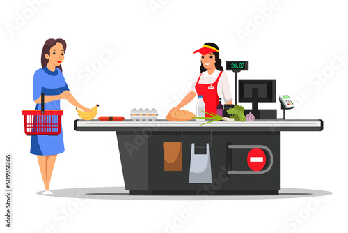Woman paying for food at supermarket checkout, cashier in apron waiting for payment