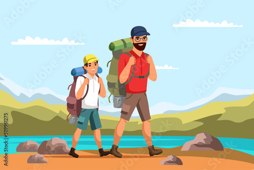 Father and son with backpacks go to mountains. Family travelling, active vacation, hiking. Spending time together, hobby or sport concept. Vector illustration