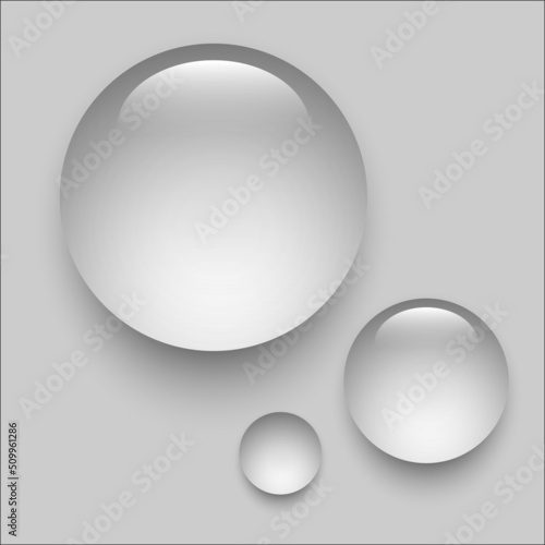 Water drops set on grey background. Liquid droplets of rain and dew vector illustration. Wet clear aqua in light. Abstract pure fresh nature elements, realistic macro design