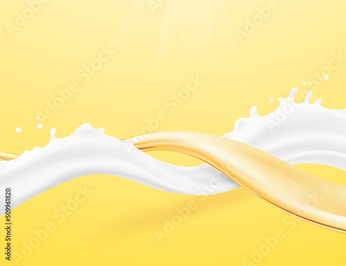 Two swirling waves in a spiral on a yellow background with drops. Vector illustration. Can be use for your design. Great for imaging milk, cream, oil and other liquids. EPS10.
