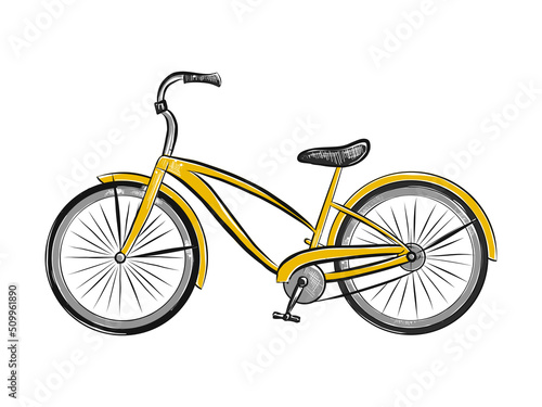 Vector engraved style illustration for posters, decoration and print. Hand drawn sketch of yellow bicycle isolated on white background. Detailed vintage woodcut style drawing.