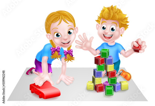 Cartoon Boy and Girl Playing with Blocks and Car