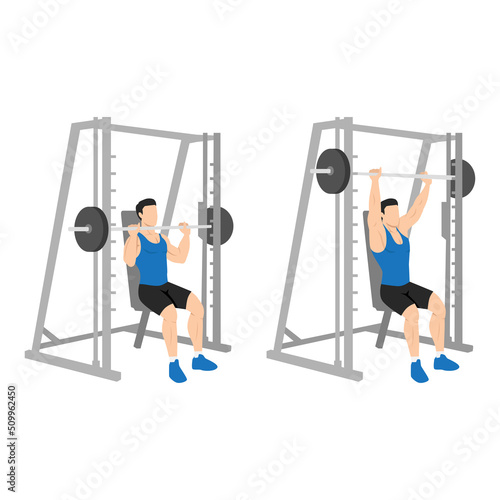 Man doing smith machine shoulder press exercise. Flat vector illustration isolated on white background