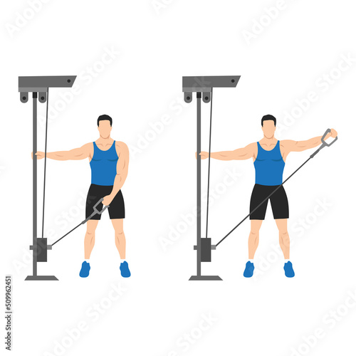 Man doing cable one arm lateral raise exercise. Flat vector illustration isolated on white background