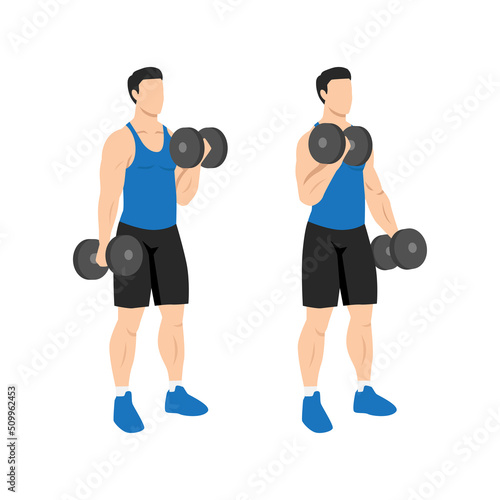 Man doing Alternating dumbbell curl. Flat vector illustration isolated on different layers. Workout character